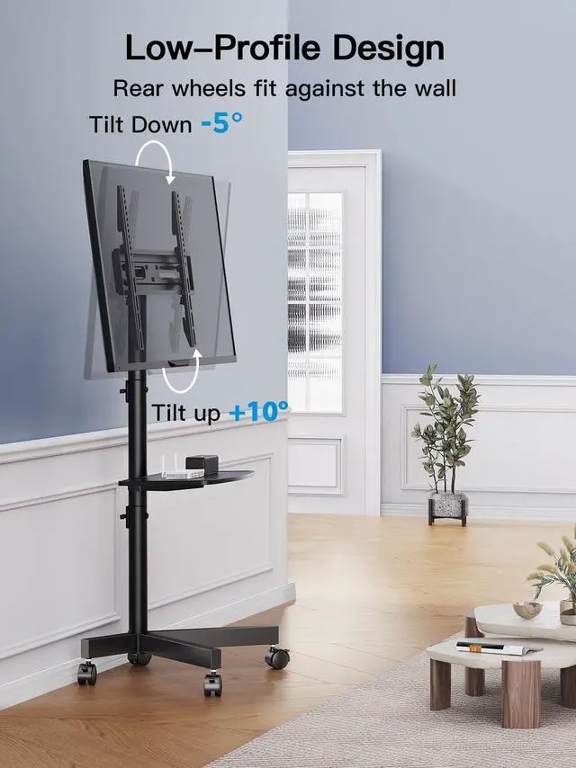 Alt view image 15 of 15 - Rolling TV Stand on Wheels for 23-60 Inch Flat Curved Screen TVs, Mobile TV Cart Holds up to 99 lbs -Portable TV Stand Adjustable Height with Shelf/Tray, Max VESA 400x400mm, PSTVMC04