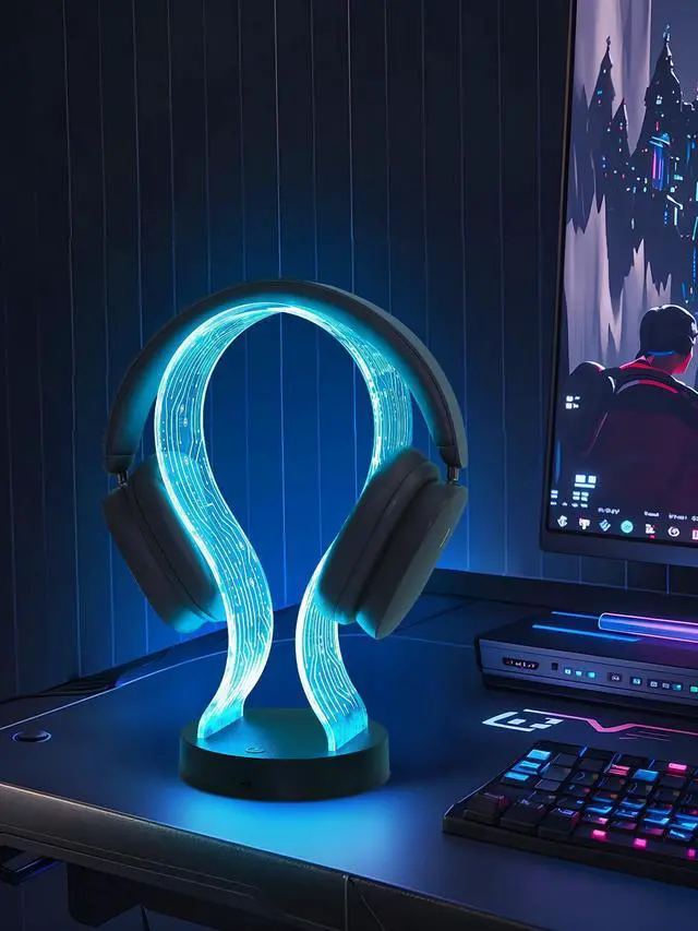 Alt view image 14 of 14 - Light Up Headphone Stand with 16 Color Lights, PCB Pattern Acrylic Headset Stand with 1 USB and 1 Type-C Charging Ports, Easter Gifts for Gamers Men Boy and Music Lovers