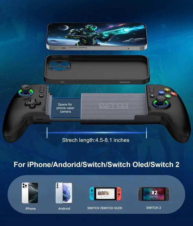 Alt view image 11 of 14 - Mobile Gaming Controller, MC2 Phone Controller for iPhone/Android/Switch/Oled/Switch 2 with Programmable/Hall Effect Joysticks & Analog Triggers/RGB Light