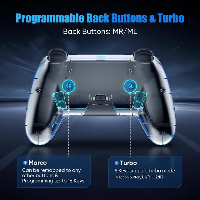 Alt view image 12 of 14 - Wireless Controller for PS5, Pro/Slim/MAC/Steam Deck/PC, Hall Effect Joystick, Dual Vibration/Marco/Turbo, 3.5mm Jack, 6-Axis, Mute Key, LED Gamepad with Speaker