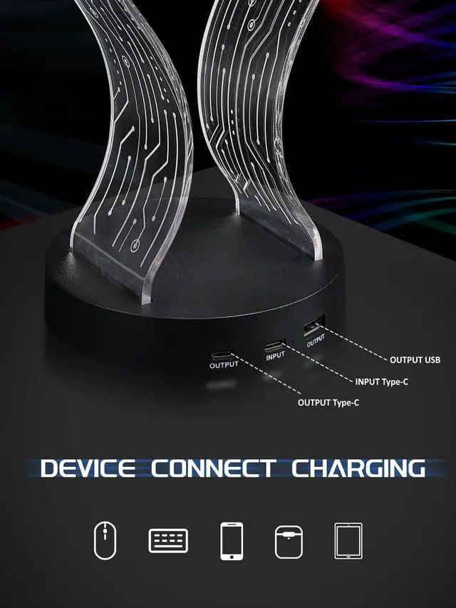 Alt view image 13 of 14 - Light Up Headphone Stand with 16 Color Lights, PCB Pattern Acrylic Headset Stand with 1 USB and 1 Type-C Charging Ports, Easter Gifts for Gamers Men Boy and Music Lovers