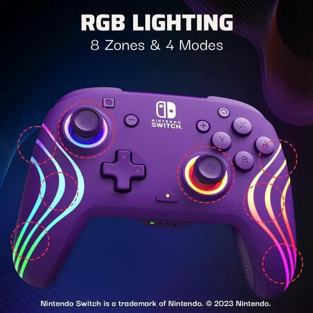Alt view image 9 of 14 - Gaming Afterglow Wave Wireless Nintendo Switch Pro Controller - Officially Licensed, Nintendo Switch 2, Switch Lite/OLED, RGB LED Customization, App Controls, Rechargeable Battery Power - Purple