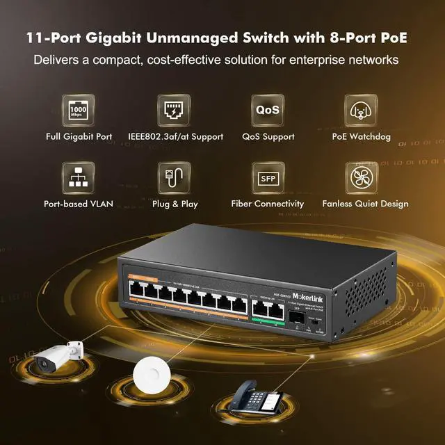 Alt view image 9 of 14 - 11 Port Gigabit PoE Switch with 8 PoE+ Port, 2 Gigabit Uplink, 1 SFP Port, 120W AI Detection, Qos, Fanless Metal Plug & Play Unmanaged Network Switch