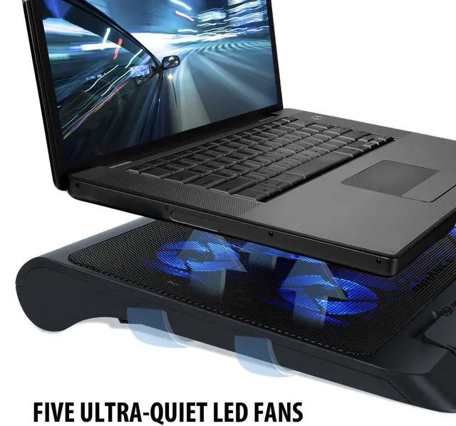 Alt view image 10 of 14 - Gaming Laptop Cooling Pad Stand with LED Cooler Fans , Adjustable Height , & Dual USB Port for 17 inch Laptops - 5 Ultra Quiet High Performance Fans 2630 RPM & Built-In Bumpers - Blue