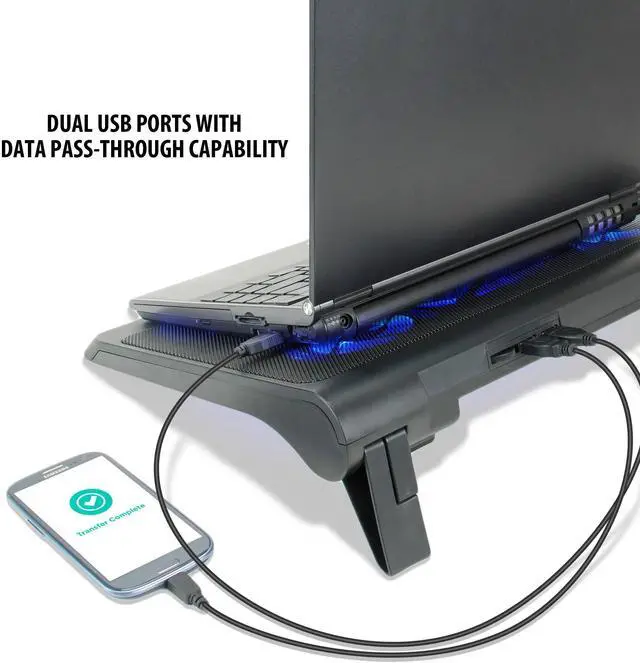 Alt view image 13 of 14 - Gaming Laptop Cooling Pad Stand with LED Cooler Fans , Adjustable Height , & Dual USB Port for 17 inch Laptops - 5 Ultra Quiet High Performance Fans 2630 RPM & Built-In Bumpers - Blue