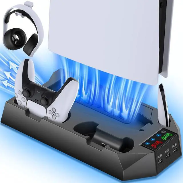 Alt view image 8 of 14 - PS5/PS5 Slim/PS5 Pro Stand and Cooling Station with Dual Controller Charging Station for PlayStation 5 Console, PS5 Accessories Incl. Controller Charger, Cooling Fan, Headset Holder, 3 USB Hub, Black