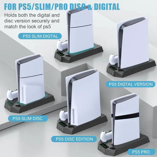 Alt view image 9 of 14 - PS5/PS5 Slim/PS5 Pro Stand and Cooling Station with Dual Controller Charging Station for PlayStation 5 Console, PS5 Accessories Incl. Controller Charger, Cooling Fan, Headset Holder, 3 USB Hub, Black