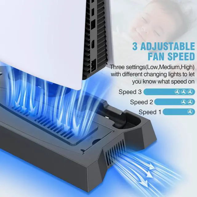 Alt view image 10 of 14 - PS5/PS5 Slim/PS5 Pro Stand and Cooling Station with Dual Controller Charging Station for PlayStation 5 Console, PS5 Accessories Incl. Controller Charger, Cooling Fan, Headset Holder, 3 USB Hub, Black