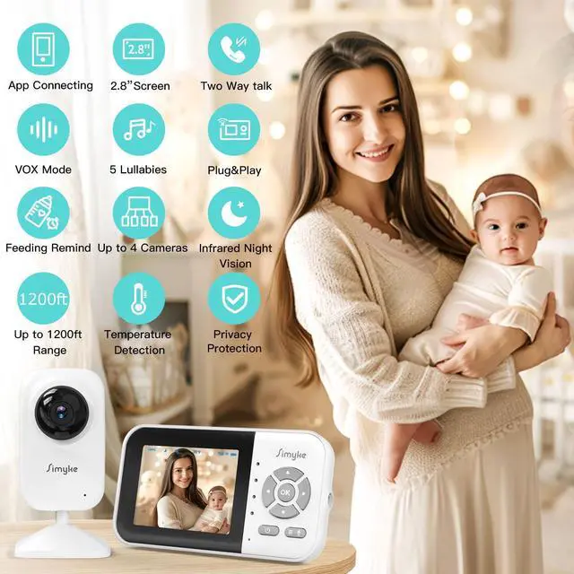 Alt view image 10 of 14 - Upgrade Video Baby Monitor,WiFi Baby Camera,2.8" Display and App Control,1200ft Long Range,2 Way Talk,Auto Night Vision,Sound Alert,VOX,Temperature Sensor 5 Lullabies Feeding Remind,Home Use