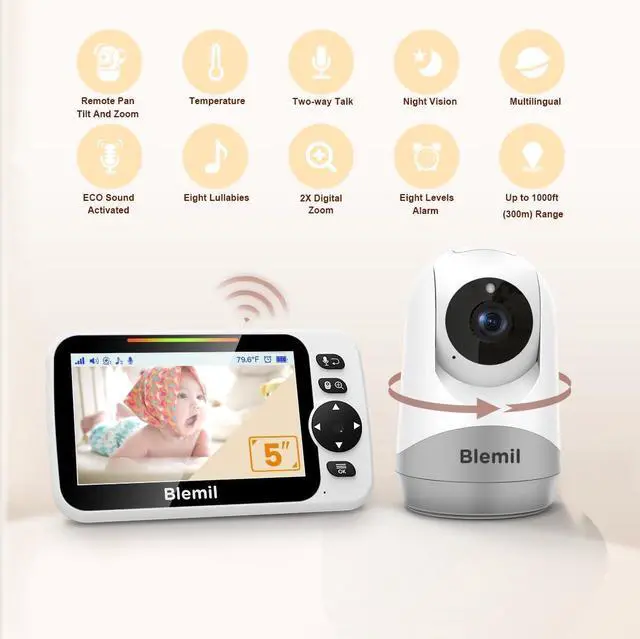 Alt view image 9 of 14 - Baby Monitor with 30-Hour Battery, 5" Large Split-Screen Video Baby Monitor with Camera and Audio, 3500mAh Battery, Remote Pan/Tilt/Zoom Camera, Two-Way Talk, Night Vision, Lullabies, No WiFi
