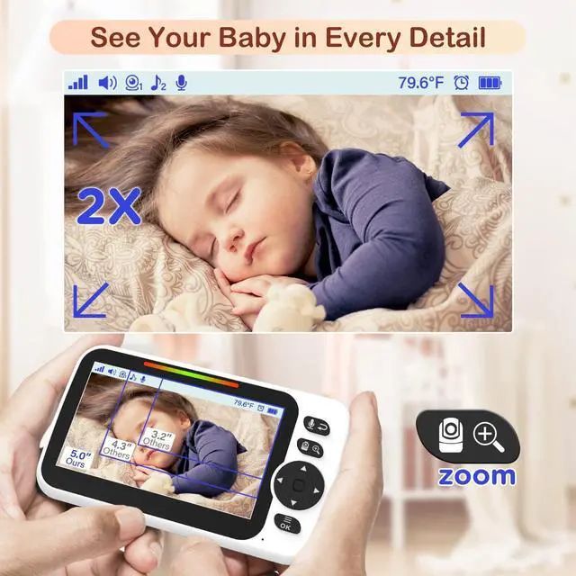 Alt view image 12 of 14 - Baby Monitor with 30-Hour Battery, 5" Large Split-Screen Video Baby Monitor with Camera and Audio, 3500mAh Battery, Remote Pan/Tilt/Zoom Camera, Two-Way Talk, Night Vision, Lullabies, No WiFi