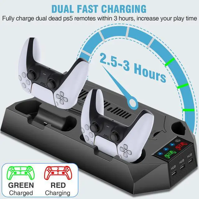 Alt view image 11 of 14 - PS5/PS5 Slim/PS5 Pro Stand and Cooling Station with Dual Controller Charging Station for PlayStation 5 Console, PS5 Accessories Incl. Controller Charger, Cooling Fan, Headset Holder, 3 USB Hub, Black