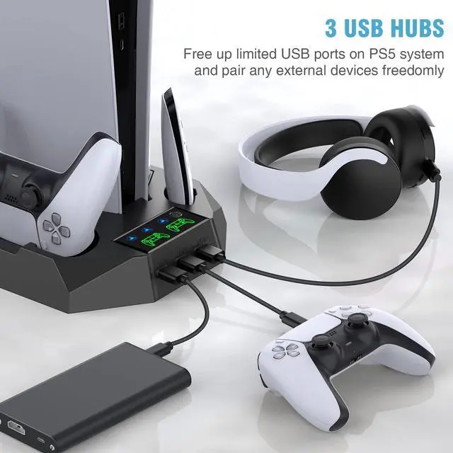 Alt view image 12 of 14 - PS5/PS5 Slim/PS5 Pro Stand and Cooling Station with Dual Controller Charging Station for PlayStation 5 Console, PS5 Accessories Incl. Controller Charger, Cooling Fan, Headset Holder, 3 USB Hub, Black