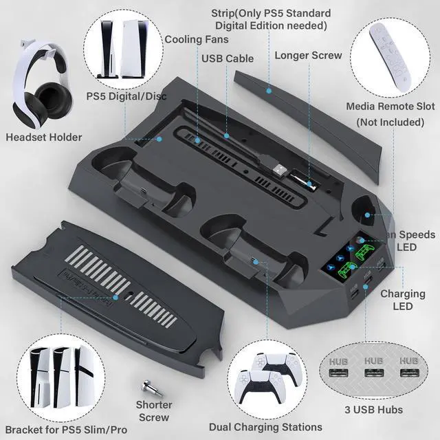 Alt view image 13 of 14 - PS5/PS5 Slim/PS5 Pro Stand and Cooling Station with Dual Controller Charging Station for PlayStation 5 Console, PS5 Accessories Incl. Controller Charger, Cooling Fan, Headset Holder, 3 USB Hub, Black