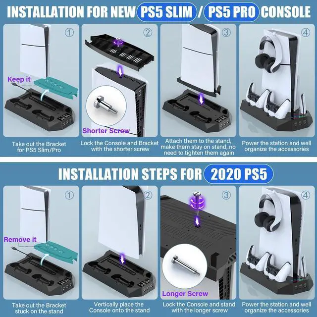 Alt view image 14 of 14 - PS5/PS5 Slim/PS5 Pro Stand and Cooling Station with Dual Controller Charging Station for PlayStation 5 Console, PS5 Accessories Incl. Controller Charger, Cooling Fan, Headset Holder, 3 USB Hub, Black