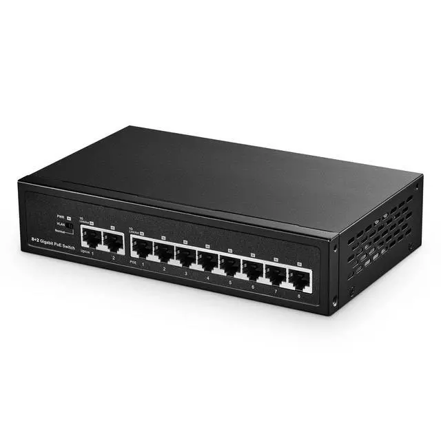 Alt view image 8 of 14 - 10 Port Gigabit POE Switch, 8 POE+ 1000Mbps, 2 Gigabit Uplink, IEEE802.3af/at, 120W Internal Power Supply, Metal Case Unmanaged Plug and Play Binardat Switch