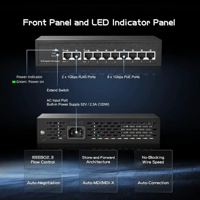 Alt view image 13 of 14 - 10 Port Gigabit POE Switch, 8 POE+ 1000Mbps, 2 Gigabit Uplink, IEEE802.3af/at, 120W Internal Power Supply, Metal Case Unmanaged Plug and Play Binardat Switch