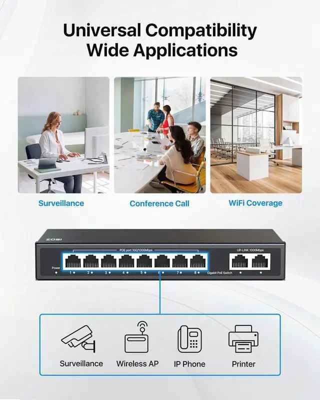 Alt view image 13 of 14 - 8 Port Gigabit PoE Switch with 2 Gigabit Uplink Port, 96W for 8 PoE+ Ports, IEEE802.3af/at, Unmanaged Ethernet Switch, Plug & Play, Sturdy Metal Casing, Desktop/Wall-Mount