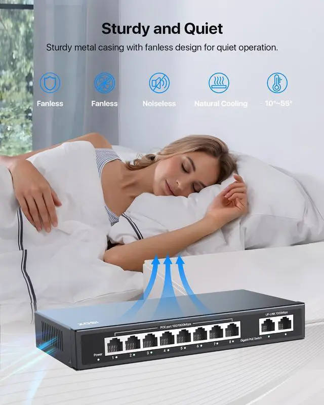 Alt view image 14 of 14 - 8 Port Gigabit PoE Switch with 2 Gigabit Uplink Port, 96W for 8 PoE+ Ports, IEEE802.3af/at, Unmanaged Ethernet Switch, Plug & Play, Sturdy Metal Casing, Desktop/Wall-Mount