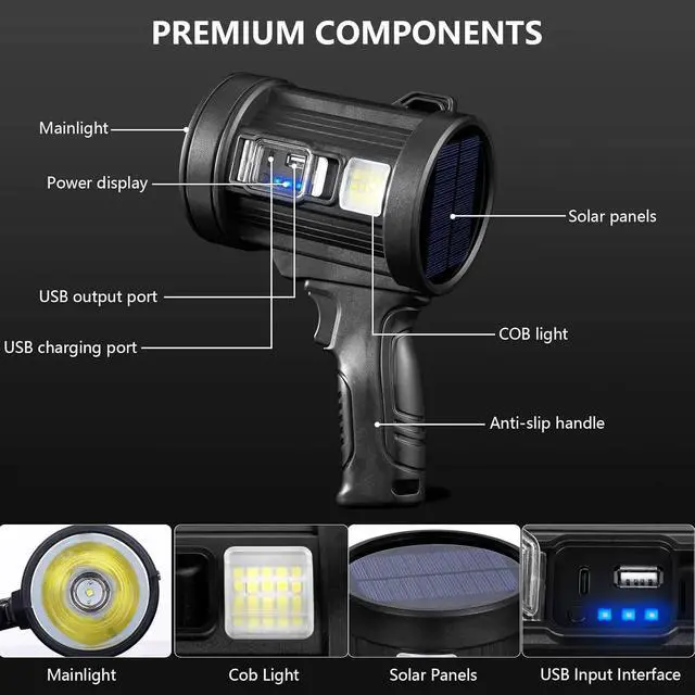 Alt view image 11 of 14 - Rechargeable Spotlight, 2,000,000 Lumens Handheld Hunting Flashlight Led Spot Light with Cob Light and Solar Panels, Lightweight and Super Bright Spotlight for Hunting Boating Camping
