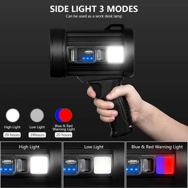Alt view image 10 of 14 - Rechargeable Spotlight, 2,000,000 Lumens Handheld Hunting Flashlight Led Spot Light with Cob Light and Solar Panels, Lightweight and Super Bright Spotlight for Hunting Boating Camping