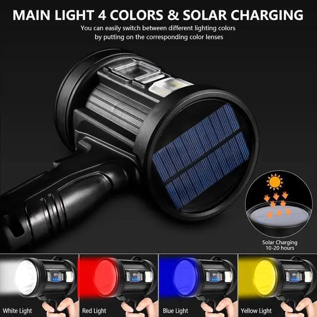 Alt view image 13 of 14 - Rechargeable Spotlight, 2,000,000 Lumens Handheld Hunting Flashlight Led Spot Light with Cob Light and Solar Panels, Lightweight and Super Bright Spotlight for Hunting Boating Camping