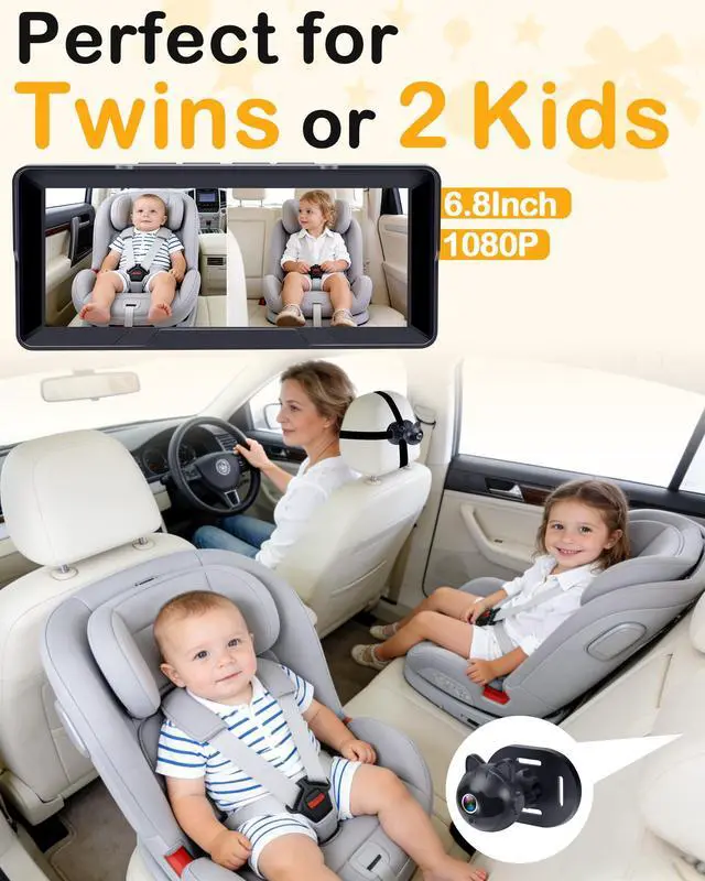 Alt view image 9 of 14 - 1080P Dual Baby Car Camera: 6.8" Night Vision Monitor 2-Kids from Head to Toe at Once - USB Plug & Play Tool-Free Easy Setup for Two-Child Families on Daily Driving