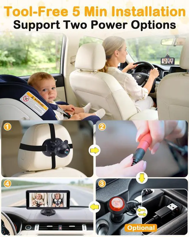 Alt view image 12 of 14 - 1080P Dual Baby Car Camera: 6.8" Night Vision Monitor 2-Kids from Head to Toe at Once - USB Plug & Play Tool-Free Easy Setup for Two-Child Families on Daily Driving