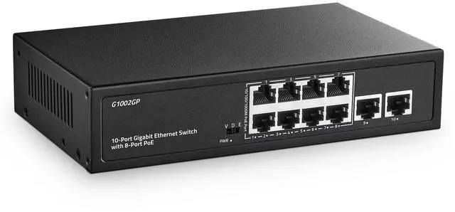 Alt view image 8 of 14 - 10 Port Gigabit PoE Switch, 8 Port Gigabit PoE+ and 2 Gigabit Uplink, 10/100/1000Mbps, IEEE802.3af/at Max 120W, Metal Fanless Unmanaged Plug&Play Ethernet Switch