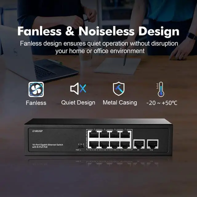 Alt view image 13 of 14 - 10 Port Gigabit PoE Switch, 8 Port Gigabit PoE+ and 2 Gigabit Uplink, 10/100/1000Mbps, IEEE802.3af/at Max 120W, Metal Fanless Unmanaged Plug&Play Ethernet Switch