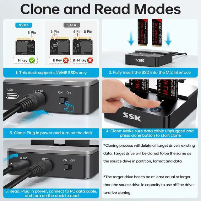 Alt view image 12 of 13 - NVMe SSD Cloner, M.2 Duplicator Dual Bay NVMe Enclosure, Tool-Free 20Gbps USB3.2 Gen 2X2 SSD to USB Adapter M.2 Docking Station for M Key PCIE NVMeSSD Reader Supports Offline Clone