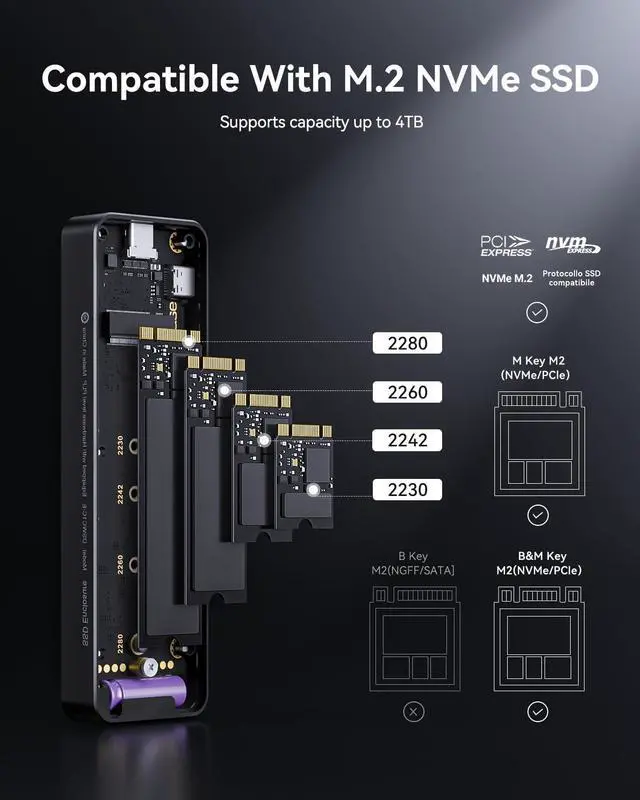 Alt view image 14 of 14 - Explorer Edition M.2 NVMe SSD Enclosure,Support 10s PLP Prevents Write Data Loss,USB 3.2 Gen 2 Type-C (10 Gbps), fits NVMe PCIe,Size 2230/2242/2260/2280,Support M-Key B+M Key UASP