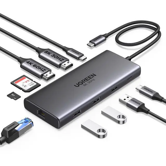 Alt view image 8 of 14 - Docking Station 10 in 1 Revodok Pro 210 USB C Dock Dual HDMI 4K@60Hz Single 8K@30Hz 100W PD 5Gbps USB C and USB A Data Ports Gigabit Ethernet, SD/TF Card Reader USB Hub Compatible for HP, Dell