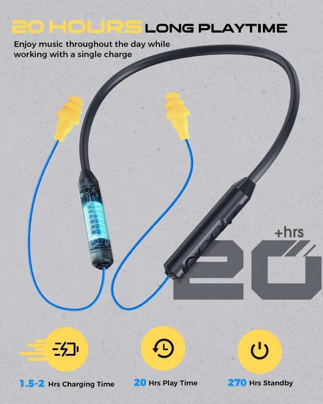 Alt view image 10 of 14 - Bluetooth Earplug Headphones, Neckband Wireless Earbuds earplugs-29db Noise Reduction isolating in-Ear earplug Earphones and Controls,IPX6 sweatproof,20+Hour Battery(Blue)