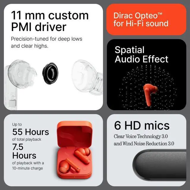 Alt view image 9 of 14 - Buds 2 48dB Hybrid ANC True Wireless Earbuds, Strong and Comfort Noise Cancelling, Ultra Bass and Dirac Sound, in-Ear Detection, 55H Playtime, 6ENC Mics, Bluetooth 5.4 Dark Grey