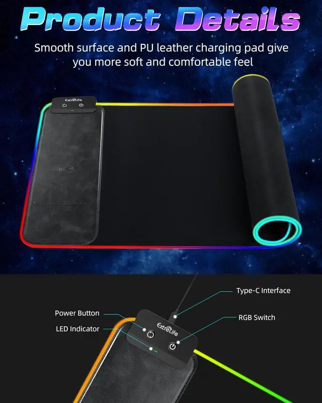 Alt view image 13 of 14 - Wireless Charging RGB Gaming Mouse Pad 10W, 31.5"x11.8" Large Desk Mat, Led Mouse Pad, 9 Light Modes, Non-Slip Rubber Base, Waterproof Computer Keyboard Mat for Gaming Home Office, Black with Adapter
