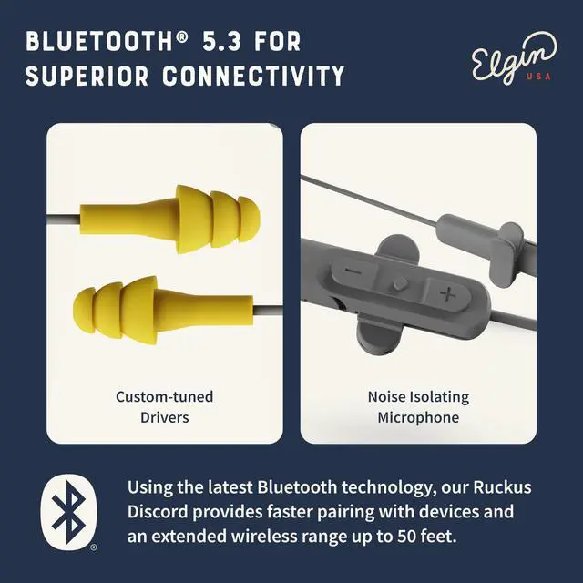 Alt view image 13 of 14 - Ruckus Wireless Bluetooth Earplug Headphones, 25 dB NRR, Noise Canceling Mic, 12-Hour Battery, IP65 Sweatproof, Compliant with OSHA Hearing Safety Standards