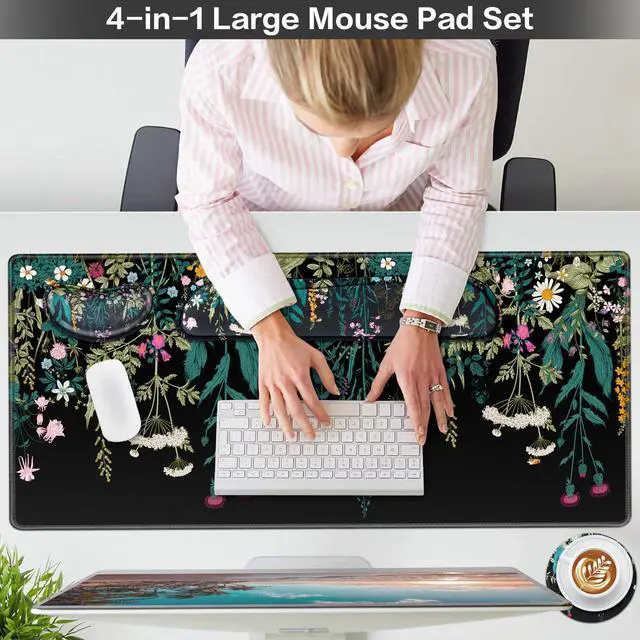 Alt view image 9 of 14 - Desk Mat, Large Gaming Mouse Pad with Wrist Rest, 4in1 XXL Mousepad+Keyboard Wrist Rest+Mouse Pad Wrist Support+Cup Coaster Set Ergonomic Floral Computer Desk Arm Wrist for Decor Home Office Women