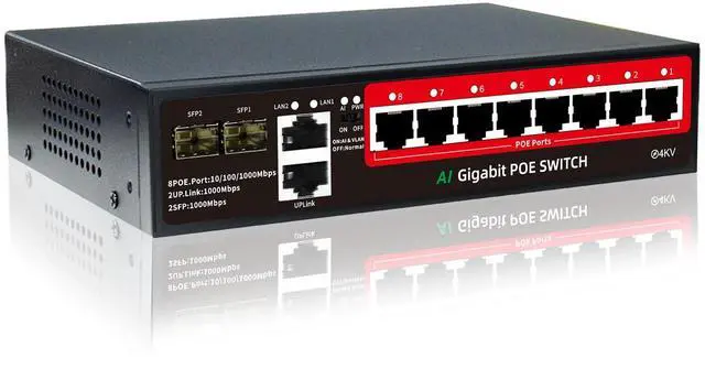 Alt view image 8 of 14 - 8-Port Gigabit PoE Switch | 2×Gigabit Uplinks + 2×1.25G SFP, AI VLAN Mode, 802.3af/at@120W, Unmanaged Metal Plug & Play (Desktop/Wall Mount)
