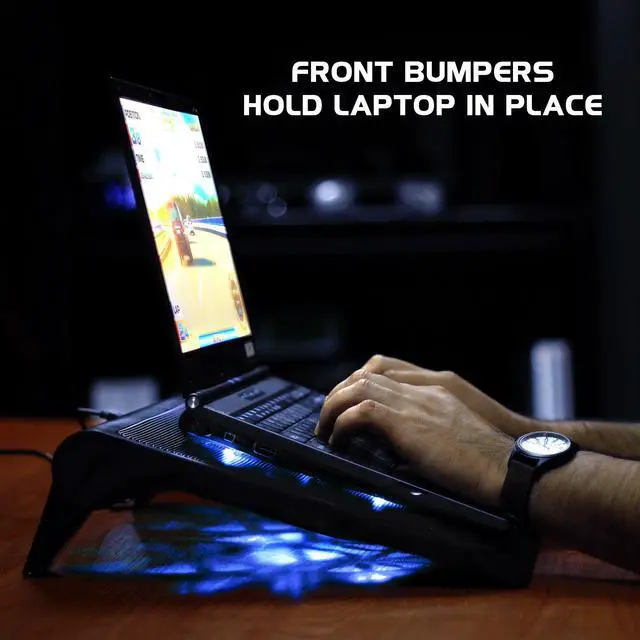 Alt view image 11 of 14 - Gaming Laptop Cooling Pad Stand with LED Cooler Fans , Adjustable Height , & Dual USB Port for 17 inch Laptops - 5 Ultra Quiet High Performance Fans 2630 RPM & Built-In Bumpers - Blue
