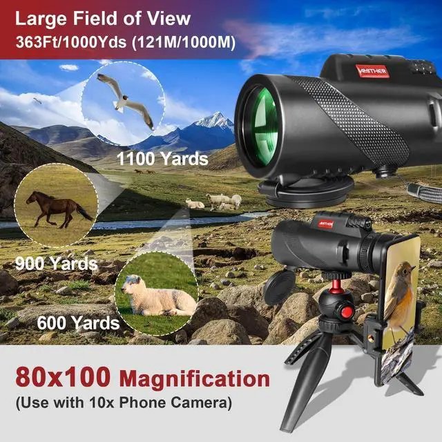 Alt view image 8 of 12 - 80x100 Monocular Telescope for Smartphones - High Powered HD Monocular with Tripod & Adapter, Low Light Vision for Adults - for Wildlife, Bird Watching, Hunting, Hiking