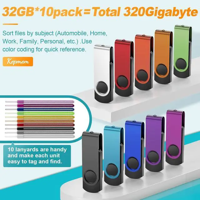 Alt view image 14 of 14 - 32GB USB Stick Pack of 10 USB 2.0 Memory Sticks Bulk, Metal 32 Giga Flash Drive Swivel Pendrive Portable Keychain Pen Drives 32 GB Colorful Multipack U Disk for Data Storage Paper Works