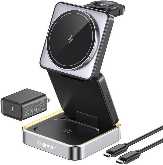 Alt view image 8 of 14 - 2026 UpgradedWireless Charger 3 in 1, Foldable Wireless Charging Station with Night Light for Apple MagSafe Charger, Travel Magnetic Charger Stand, Nightstand Fast 15W Charging Station (20W Adapter)