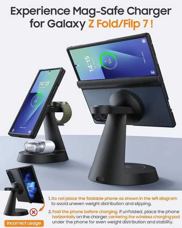 Alt view image 9 of 14 - Wireless Charger for Samsung, 3 in 1 Charging Station Compatible with MagSafe Samsung Charger for Galaxy S26 Ultra S25 Z Fold7/Flip7, Watch Charger Stand for Galaxy Watch Ultra 8 7, for Buds