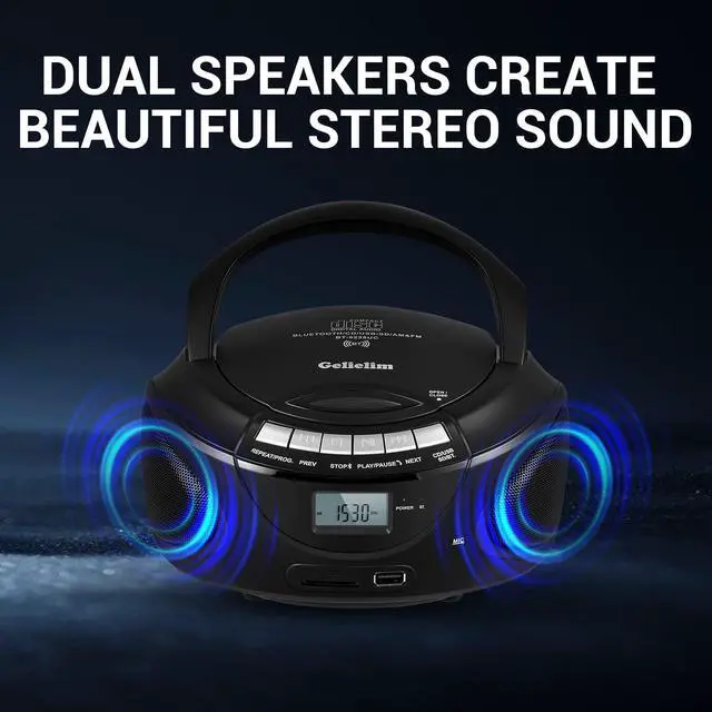 Alt view image 11 of 12 - Portable CD Players for Home, CD Boombox with AM/FM Stereo Radio, Bluetooth, USB, SD Card, MMC Drive, Aux-in, Headphone Jack,LCD Display, Boom Box CD Player AC/Battery Operated Black