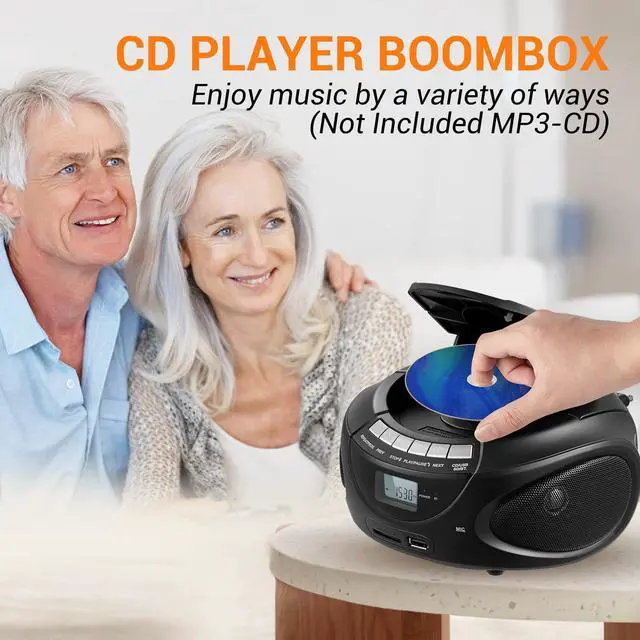 Alt view image 8 of 12 - Portable CD Players for Home, CD Boombox with AM/FM Stereo Radio, Bluetooth, USB, SD Card, MMC Drive, Aux-in, Headphone Jack,LCD Display, Boom Box CD Player AC/Battery Operated Black