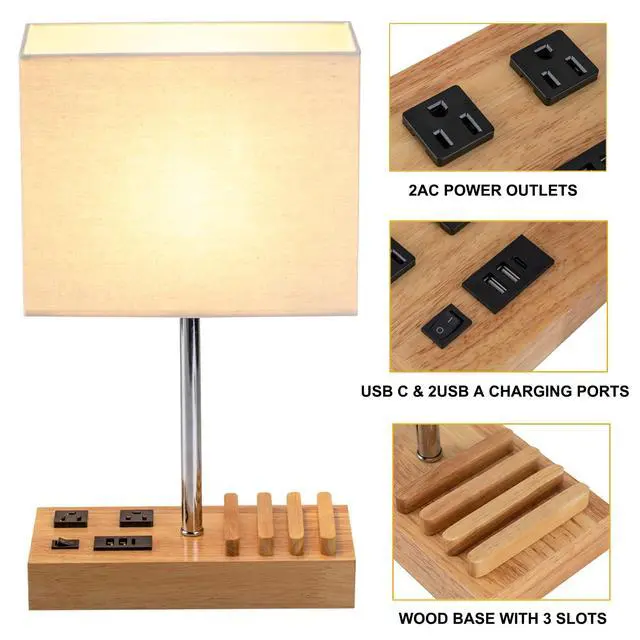 Alt view image 10 of 14 - Desk Lamp with 3 USB Charging Ports, Table Lamp with 2AC Outlets and 3 Phone Stands, Nightstand Bedside Lamp with Natural Wooden Base and Cream Linen Shade