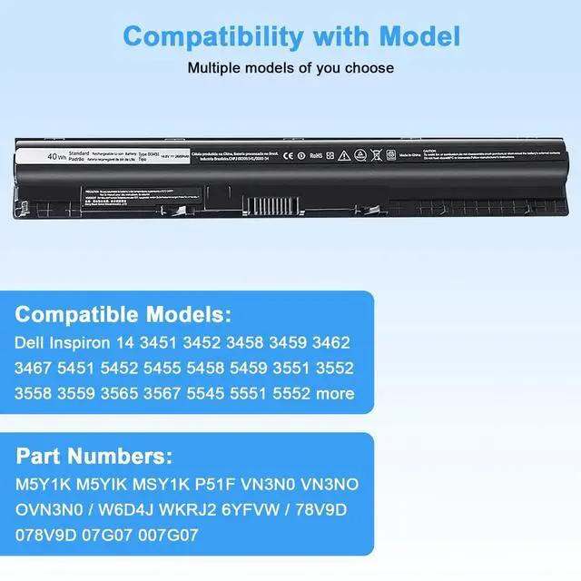 Alt view image 11 of 14 - M5Y1K 14.8V 40wh Battery Replacement for Dell Inspiron 14 15 17 5000 3000 Series 5559 5558 3451 3452 3458 3551 5458 5755 5756 5758 5759 P47F P51F P52F Compatible with Dell 40wh Battery M5YIK