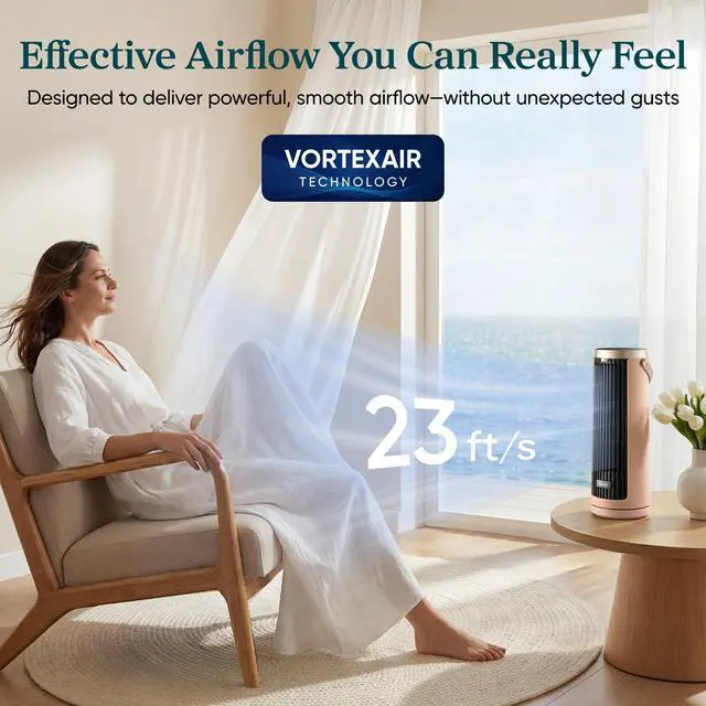 Alt view image 3 of 7 - Tower Fan for Bedroom, 20dB Quiet Desk Fan with 23ft/s, Portable & Easy to Carry, 3-Angle & 5-Speed Mini Oscillating Fan, DC Motor, Bladeless, Remoter, 12H Timer, for Home, Room, Office, Pink