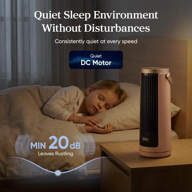 Alt view image 4 of 7 - Tower Fan for Bedroom, 20dB Quiet Desk Fan with 23ft/s, Portable & Easy to Carry, 3-Angle & 5-Speed Mini Oscillating Fan, DC Motor, Bladeless, Remoter, 12H Timer, for Home, Room, Office, Pink